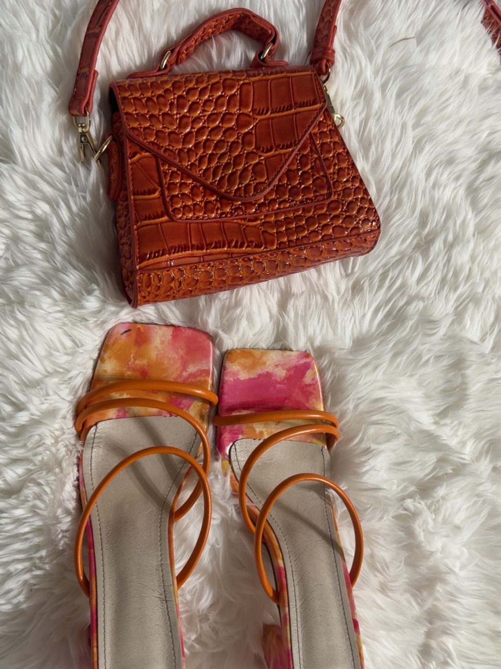 Orange Croc-Embossed Top Handle Bag & Watercolor Orange-Pink Heeled Sandals